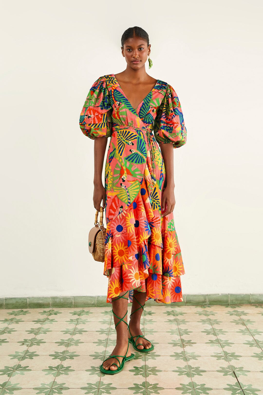 Coral Mixed Graphic Macaws Puff Sleeve Midi Dress