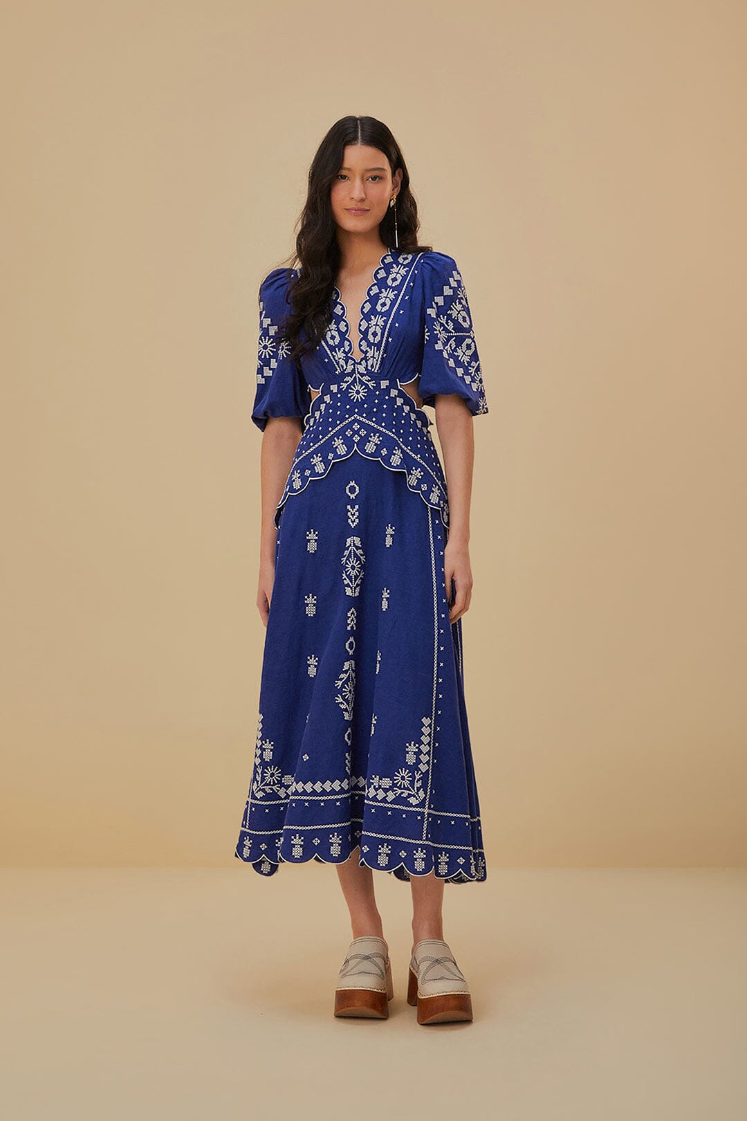 Navy Blue Embroidered Cut-Out Midi Dress