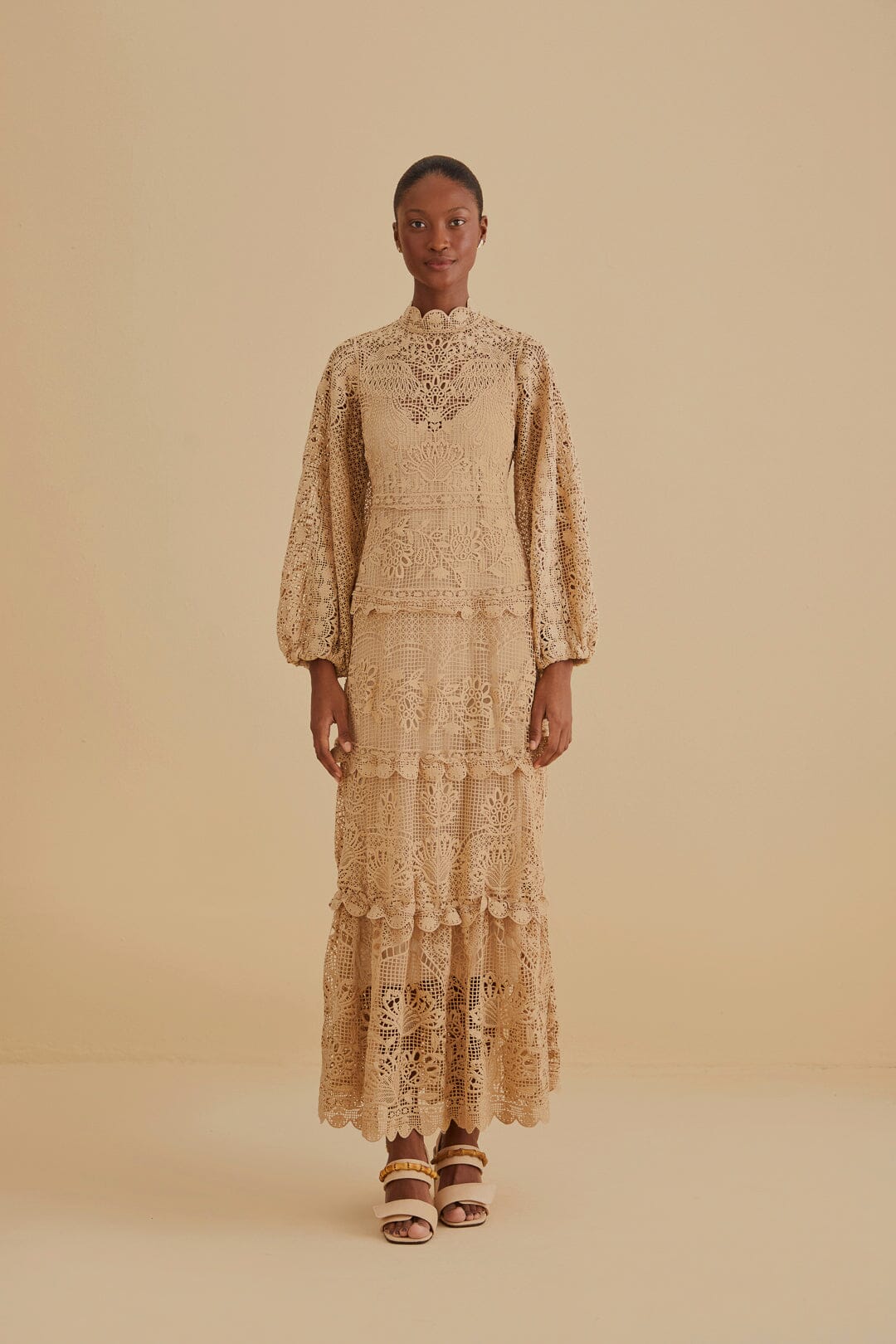 Khaki Guipure Long FARM Dress Maxi Sleeve – Rio