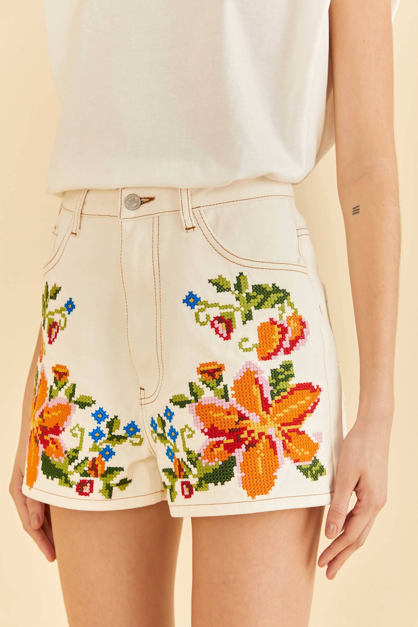 Embroidered Floral Twill Shorts
