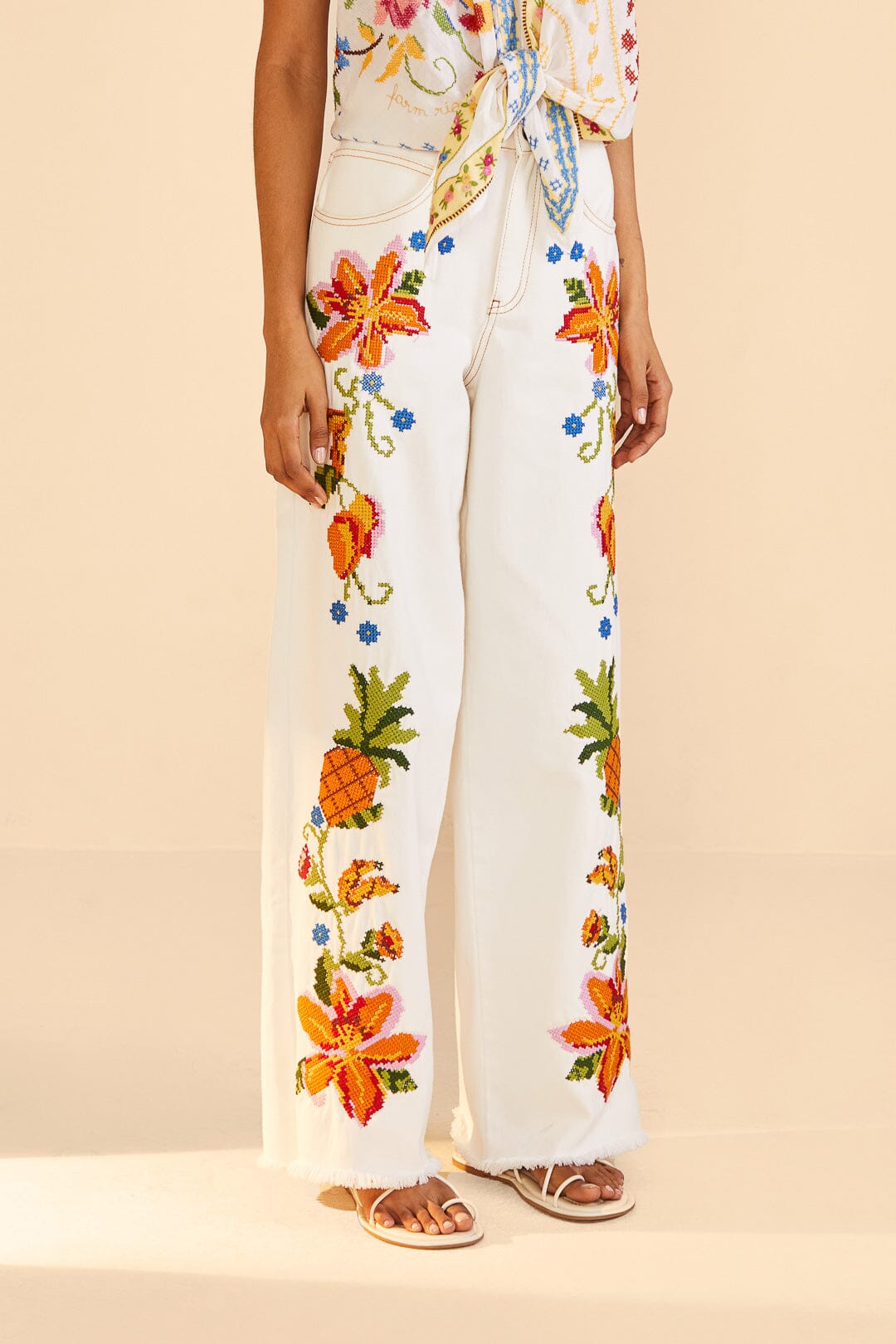 Embroidered Floral Twill Pants