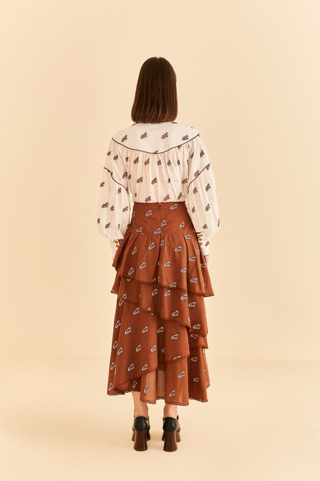 Caramel Embroidered Horses Layered Maxi Skirt
