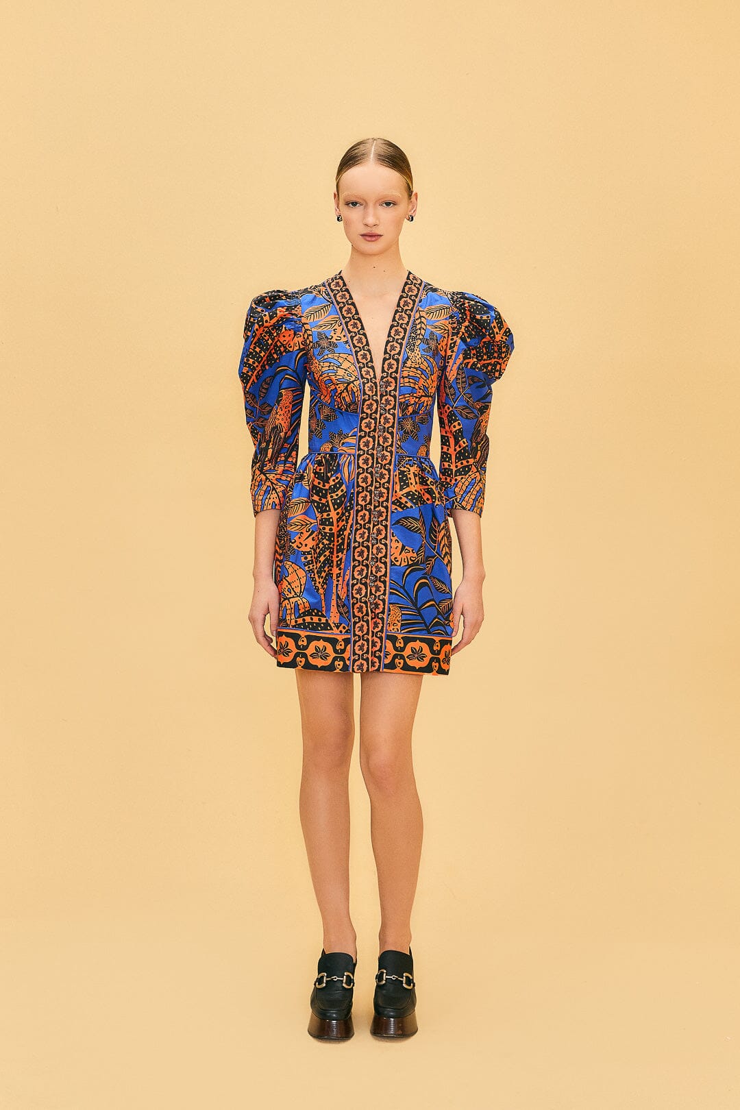 Blue Tropical Gold Short Sleeve Mini Dress