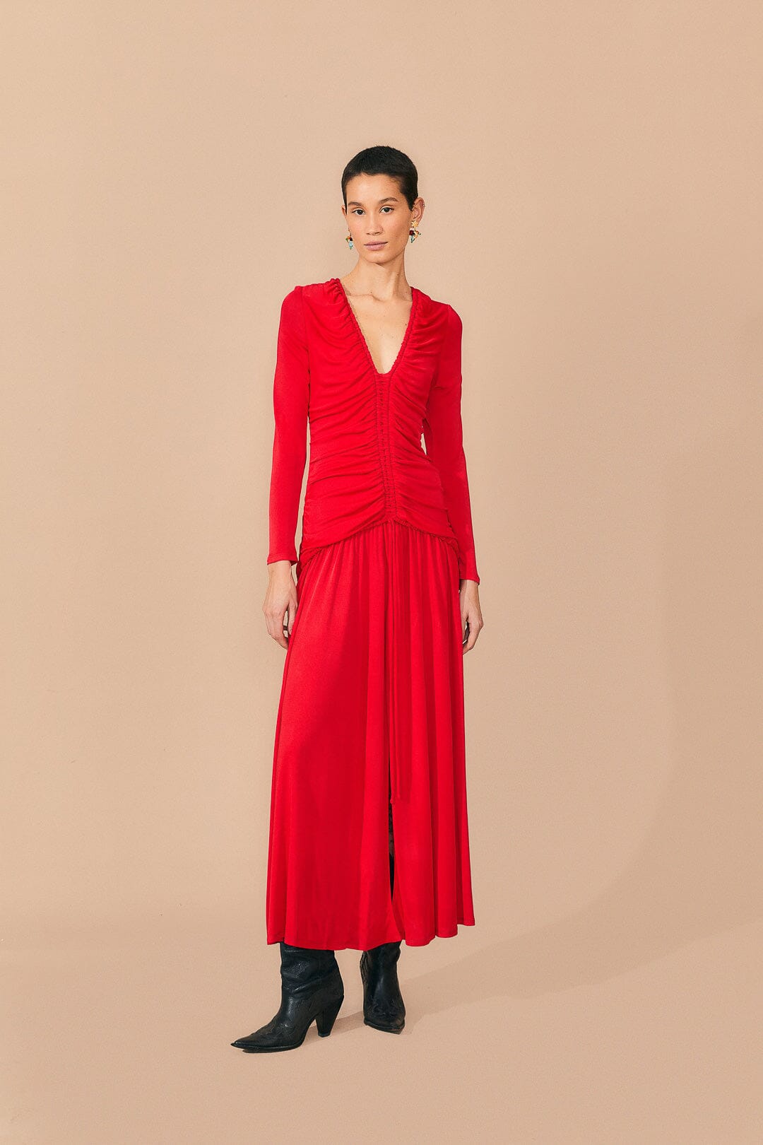 Red V Neckline Long Sleeve Midi Dress