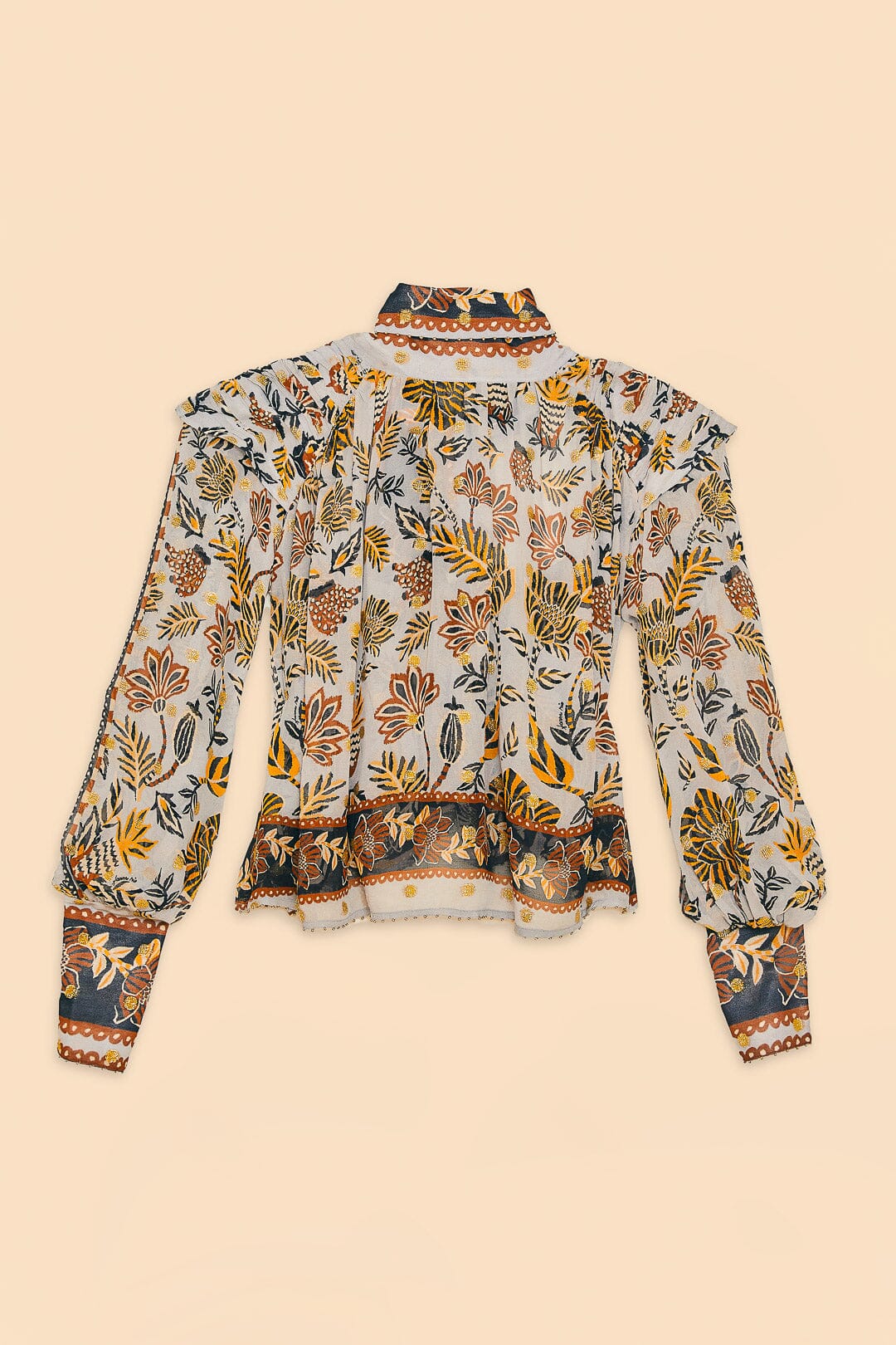 Silver Floral Tapestry Long Sleeve Blouse