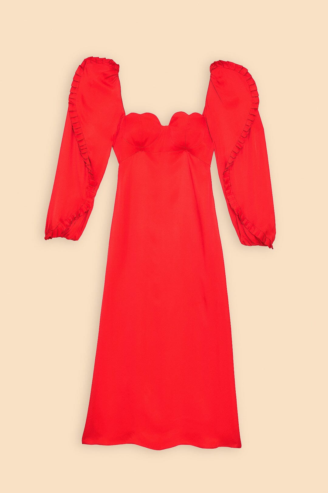 Red Heart Shaped Neckline Long Sleeve Midi Dress