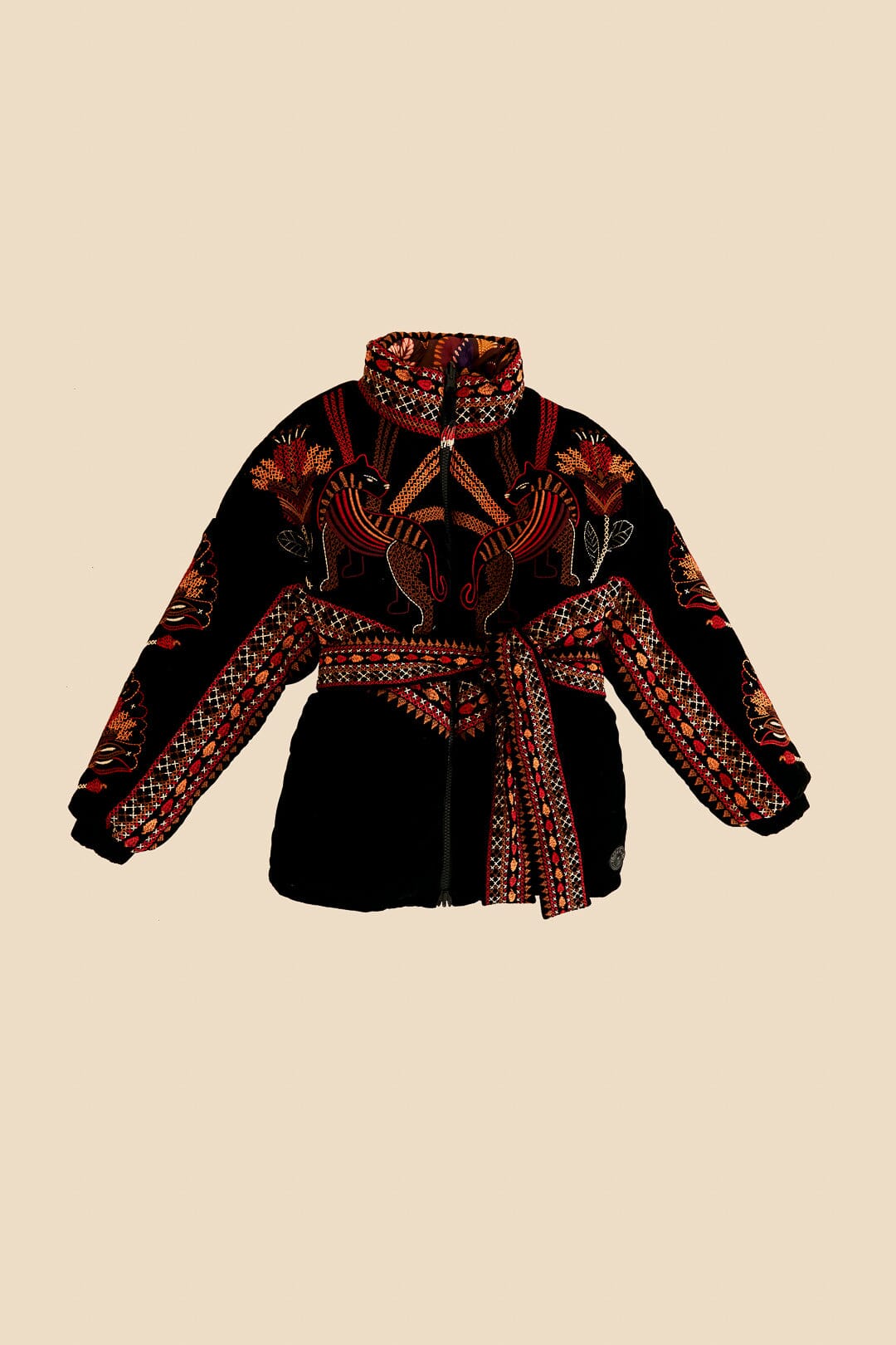 Black Nature Beauty Embroidered Puffer Jacket