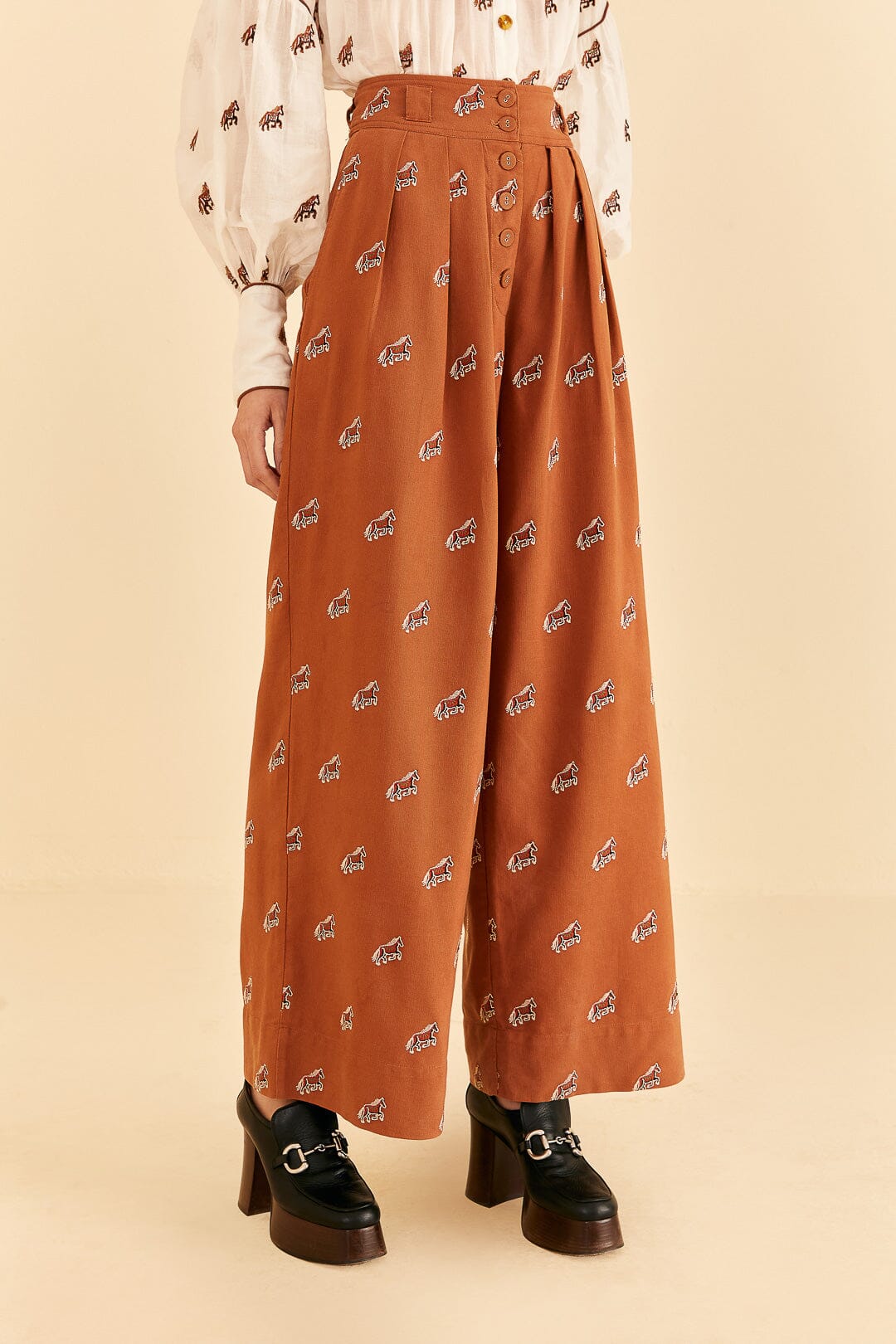 Caramel Embroidered Horses Pants