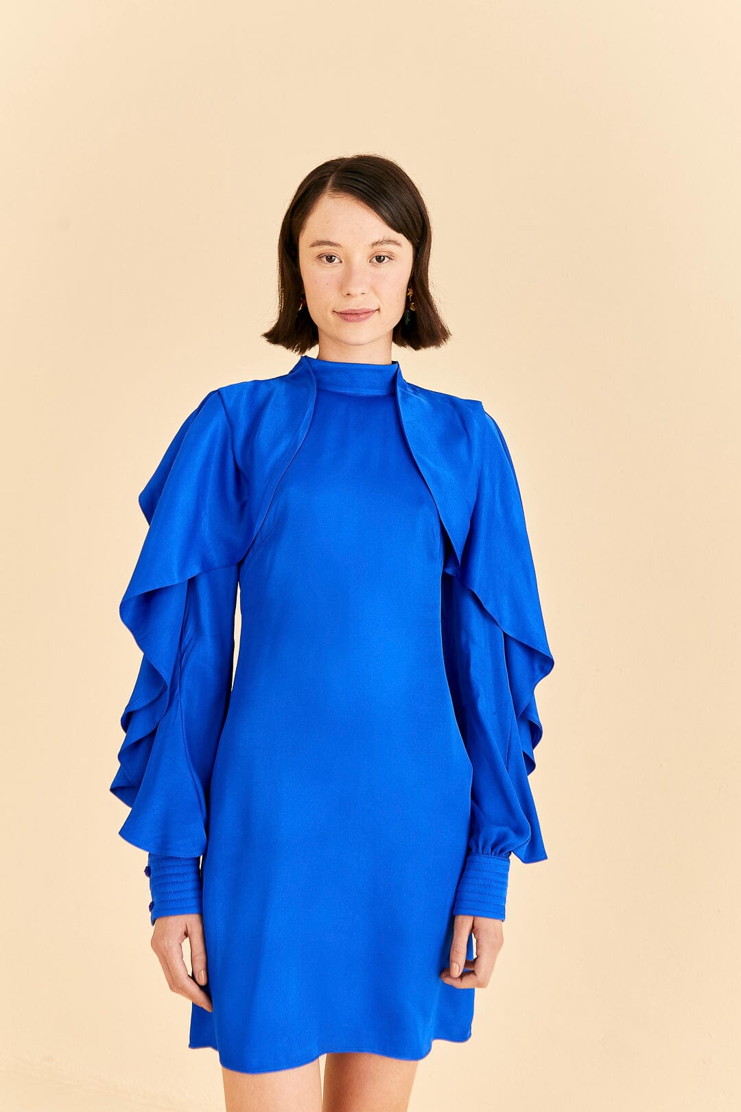 Bright Blue Backless Ruffle Sleeve Mini Dress