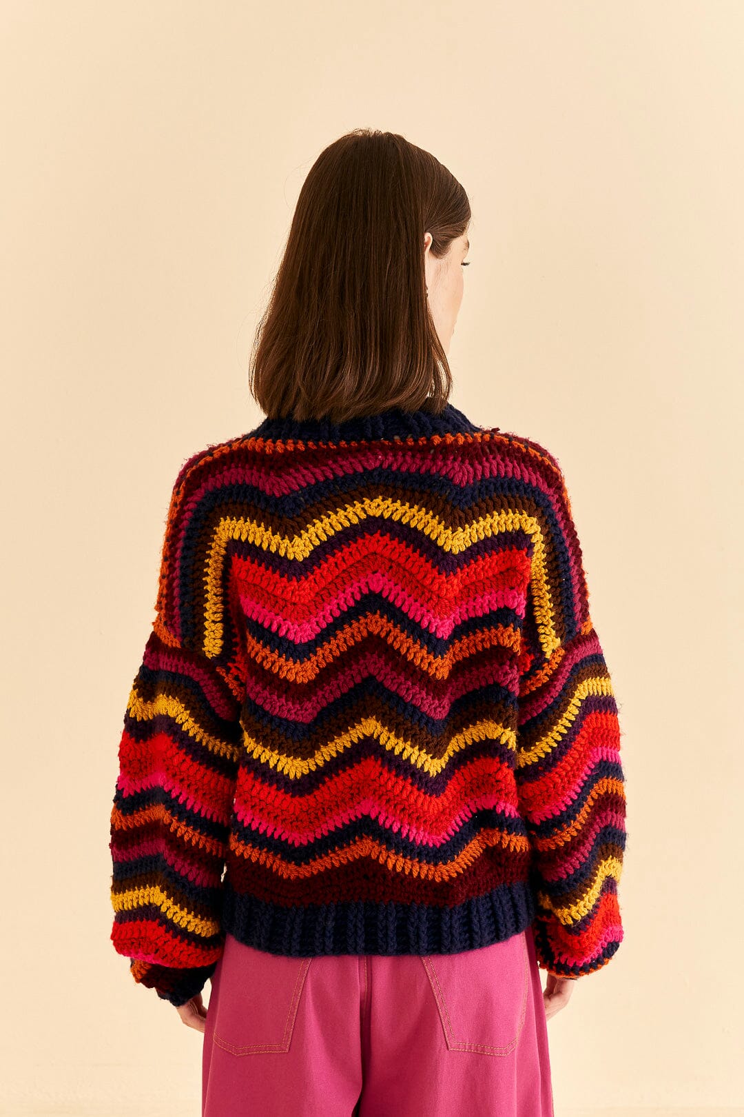 Colorful Waves Crochet High Neck Sweater