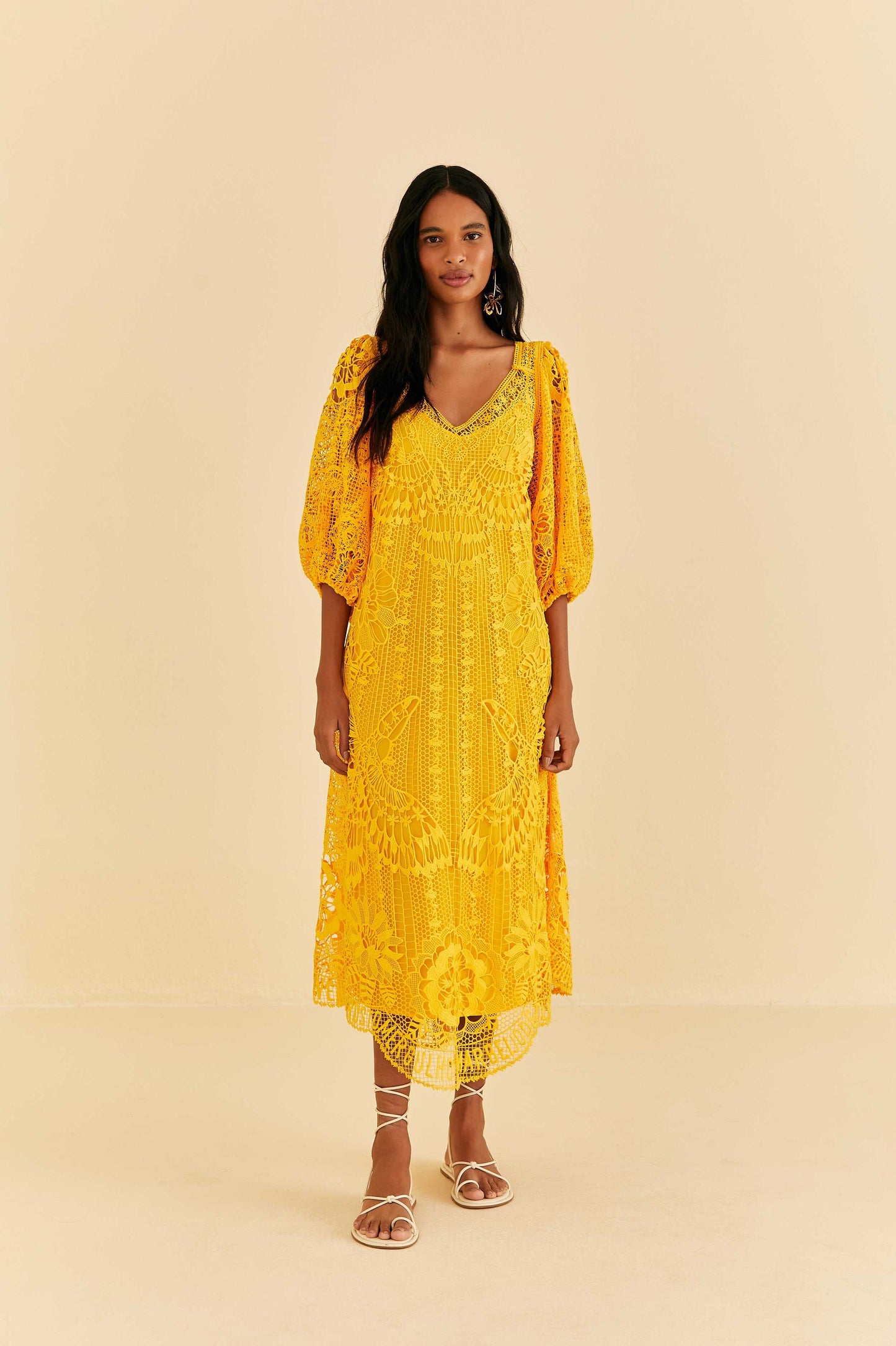 Yellow Guipure Midi Dress
