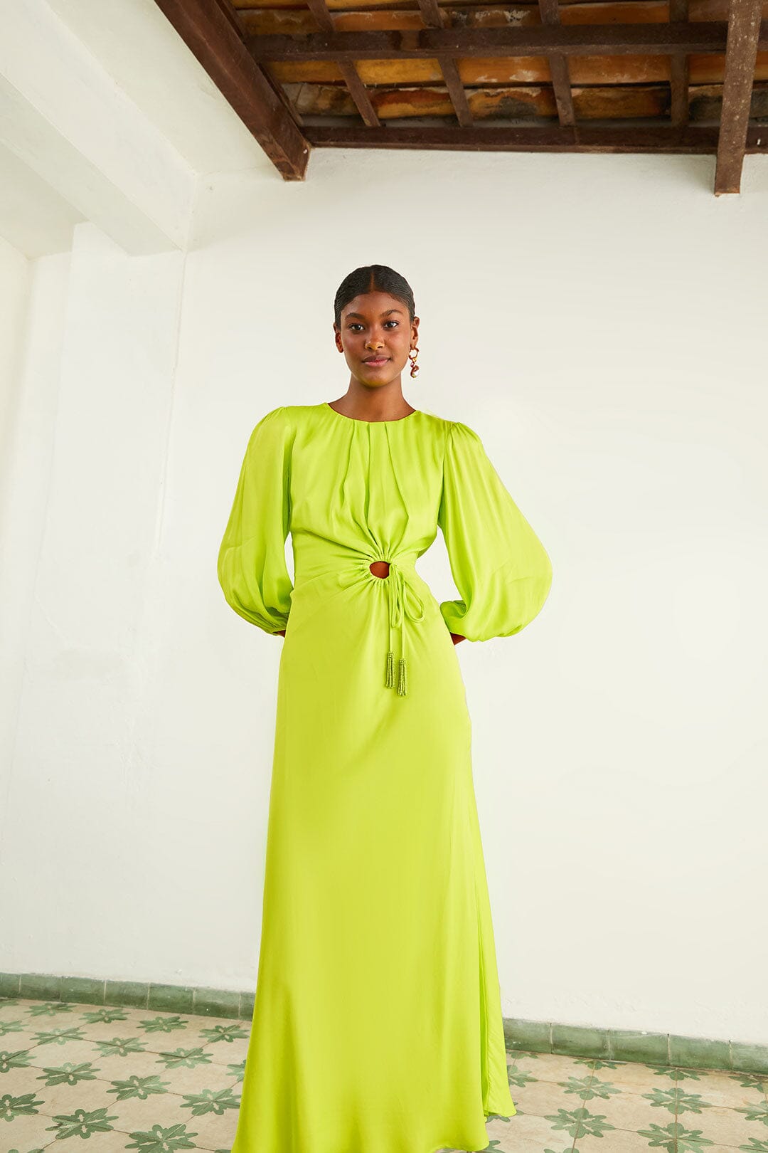Lime Circle Cut Out Lenzing™ Ecovero™ Viscose Midi Dress