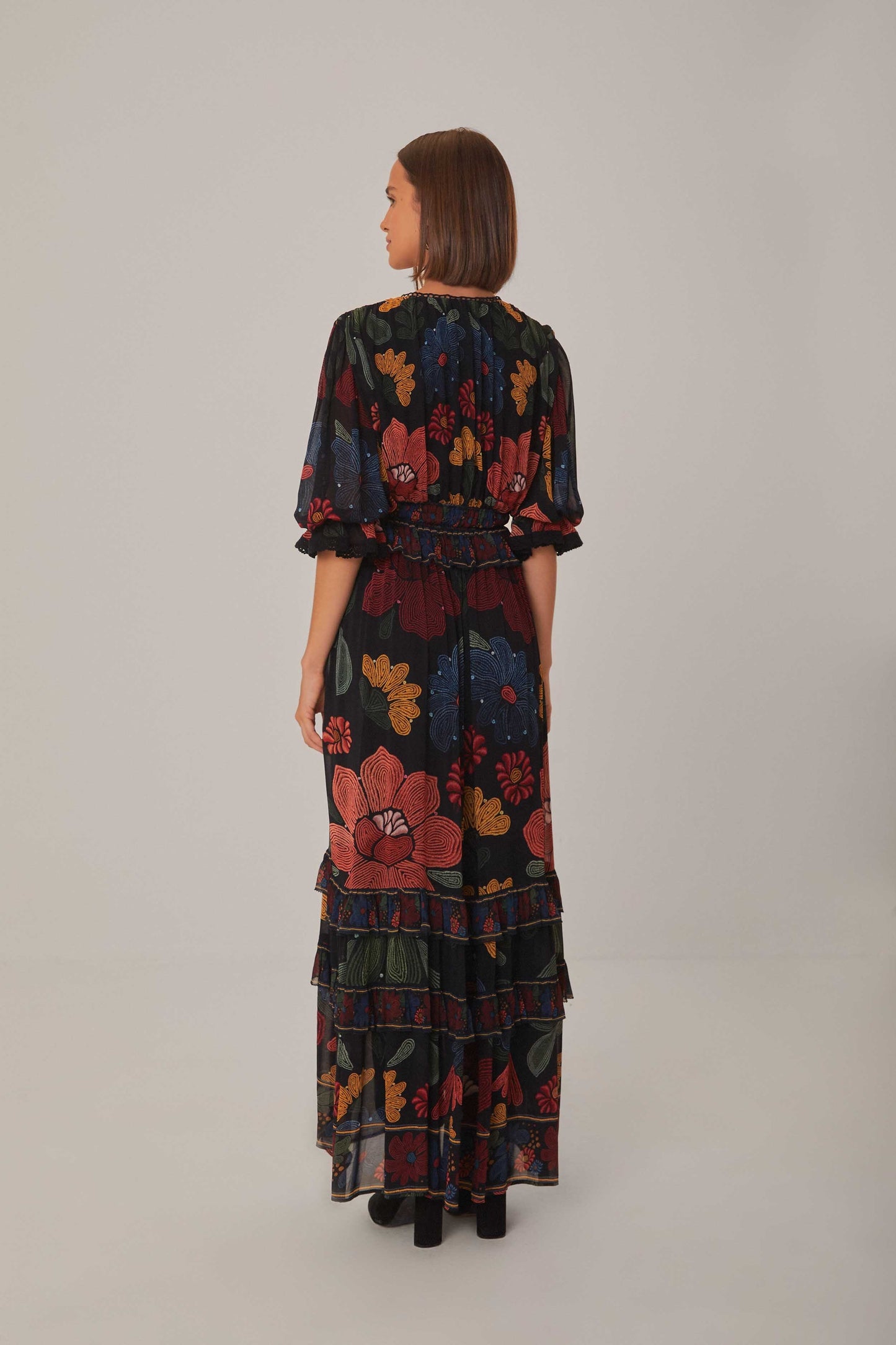 Black Stitched Garden Short Sleeve Maxi Dress