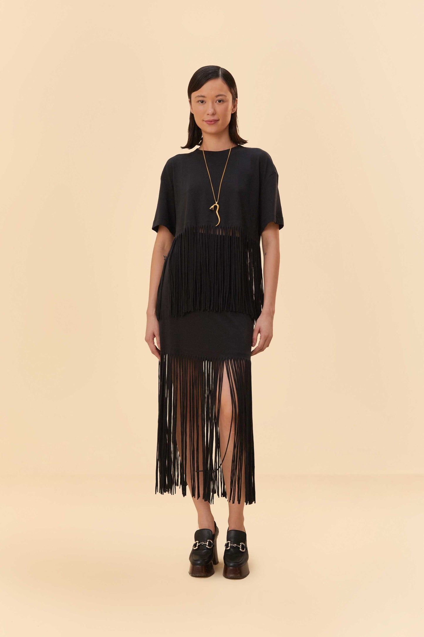 Black Organic Cotton Fringe Midi  Skirt