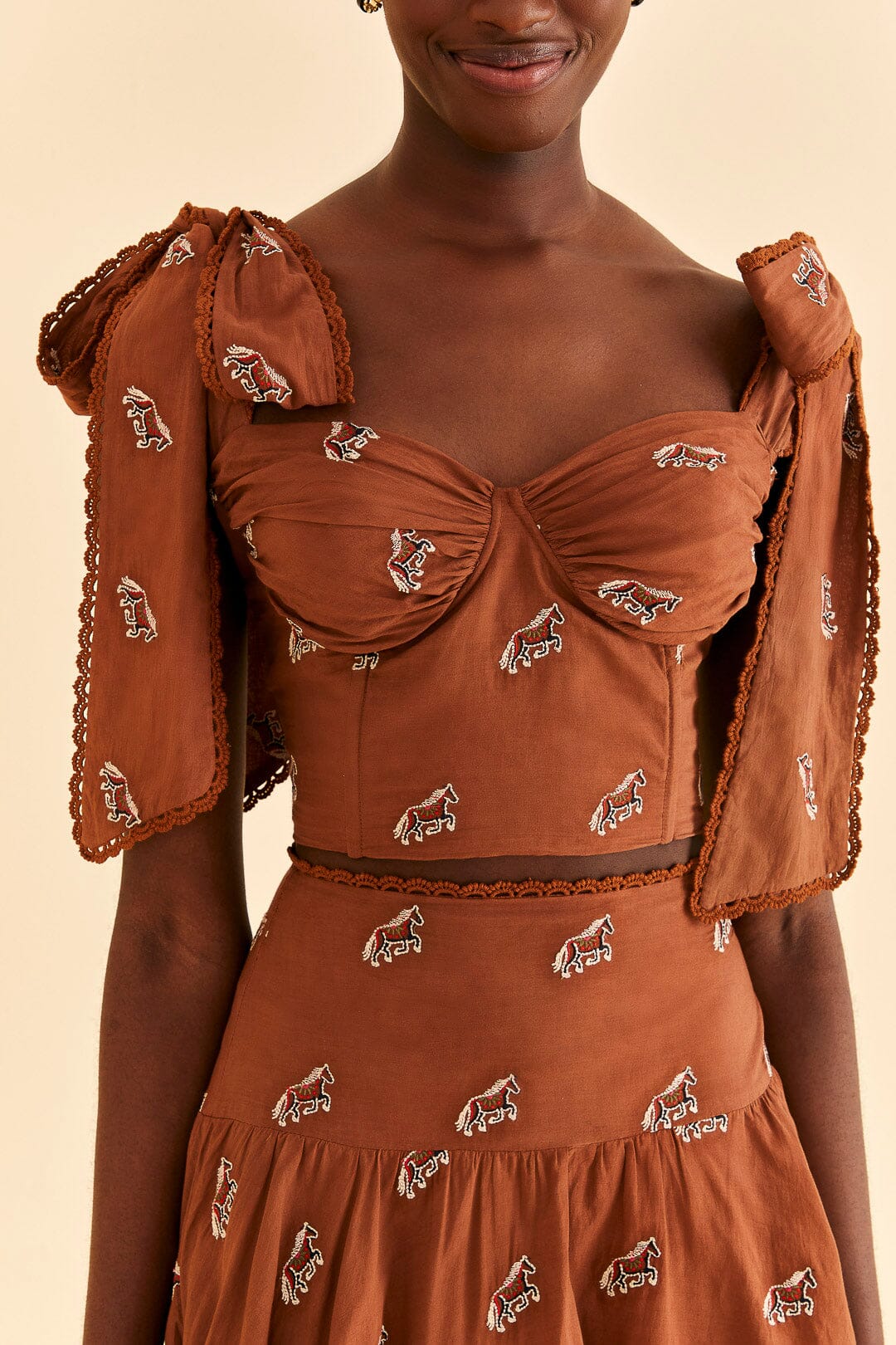 Caramel Embroidered Horses Crop Top