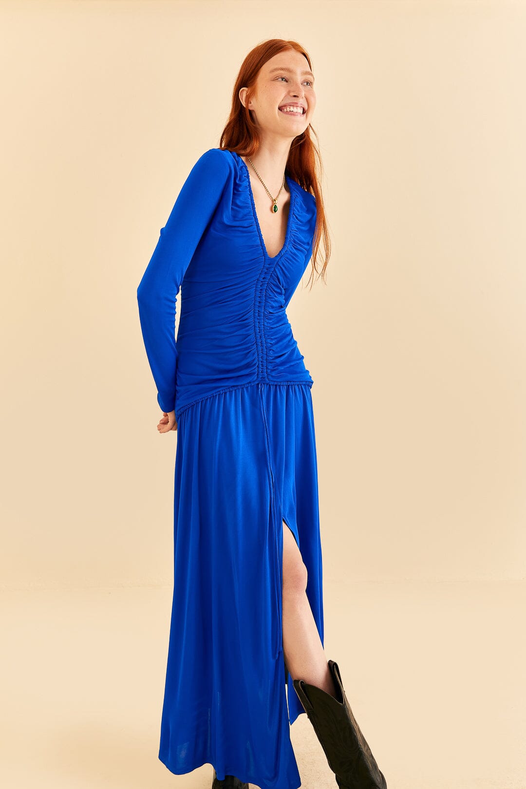 Bright Blue Long Sleeve Midi Dress