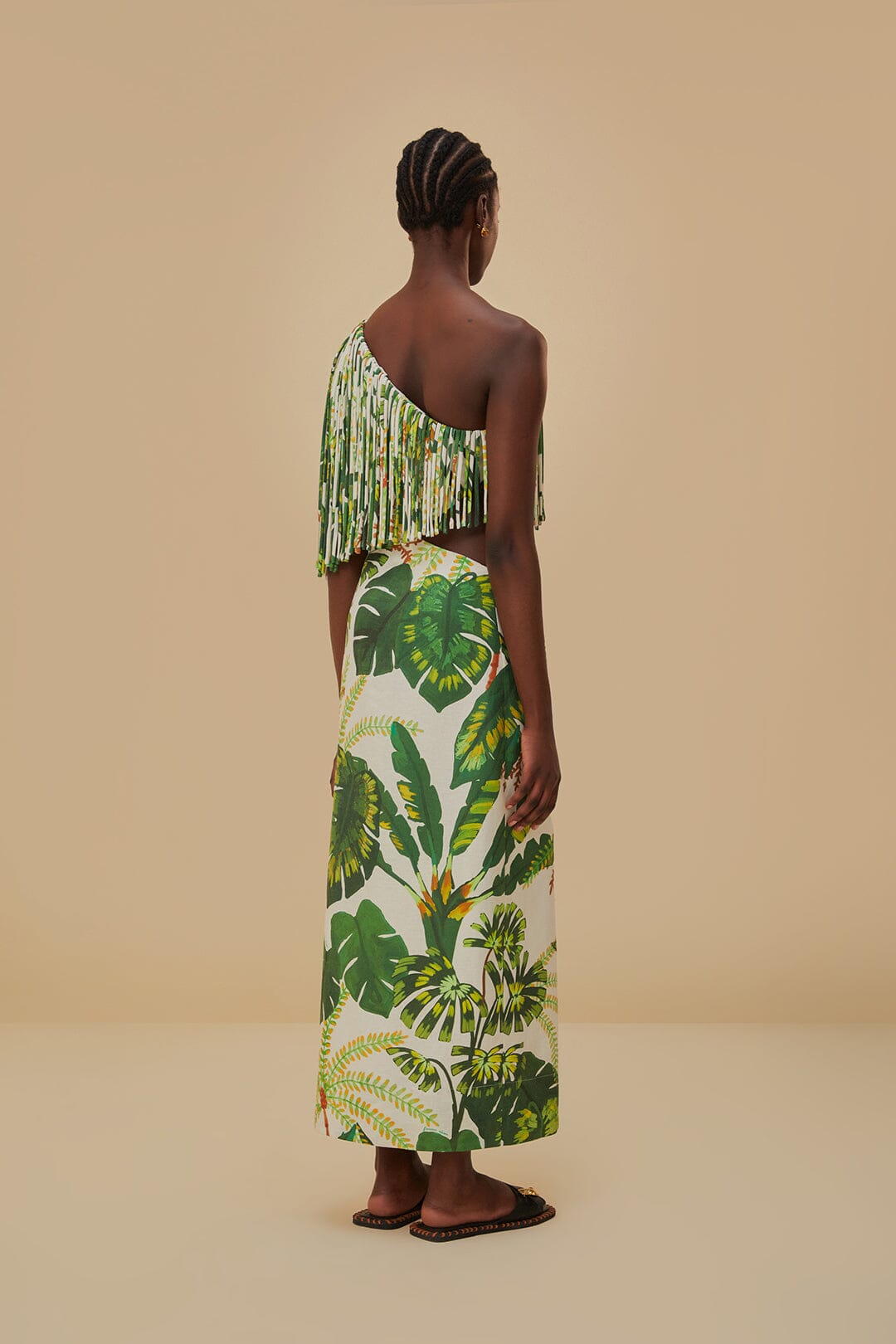 Tropical Forest Off-White Fringed Midi Dress