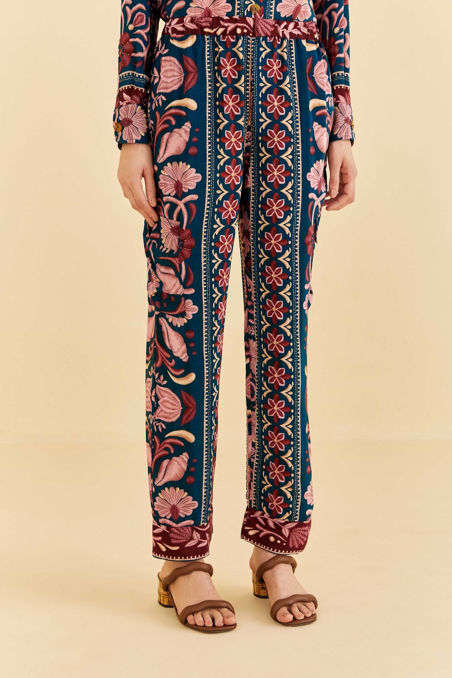 Teal Seashell Tapestry Cargo Pants
