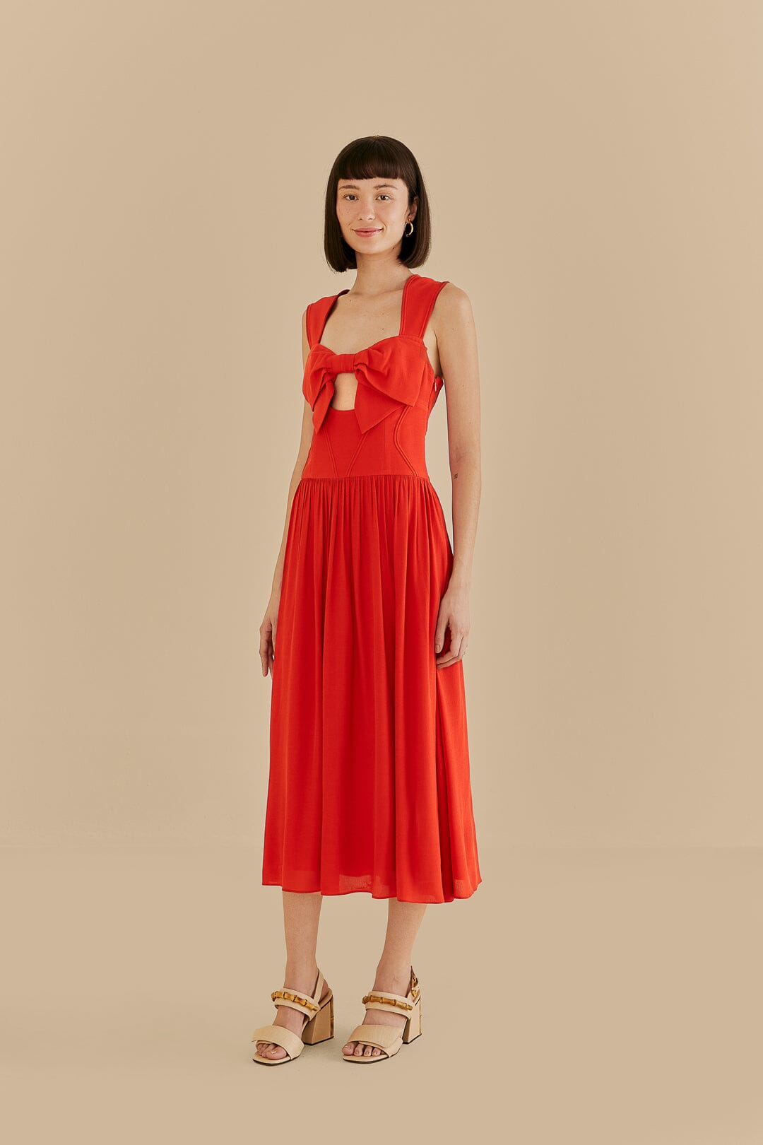Red Bow Sleeveless Midi Dress