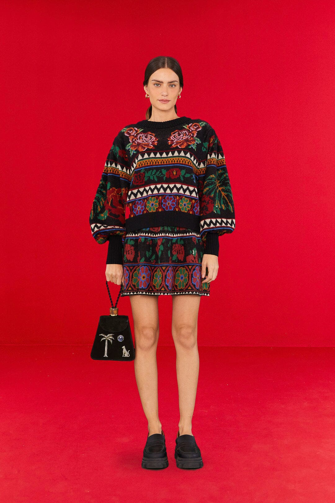 Black Flower Tapestry Sweater Skirt