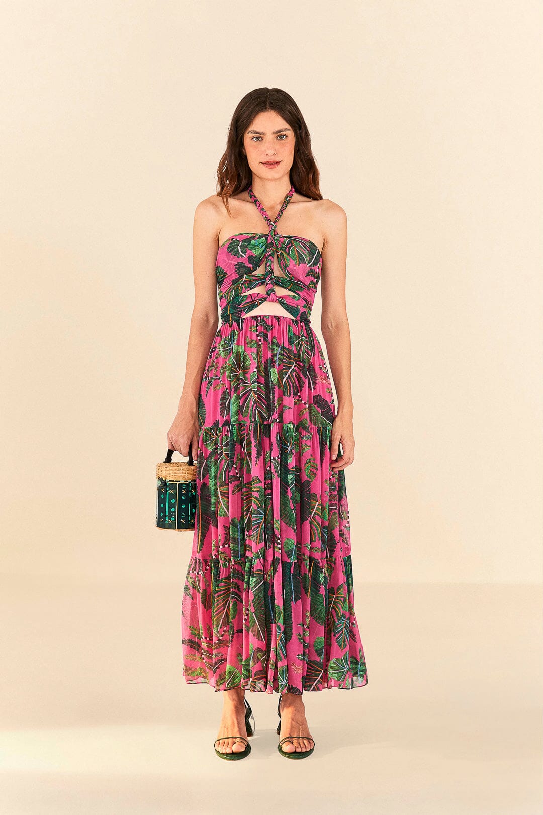 Pink Leaves Cut Out Maxi Dress