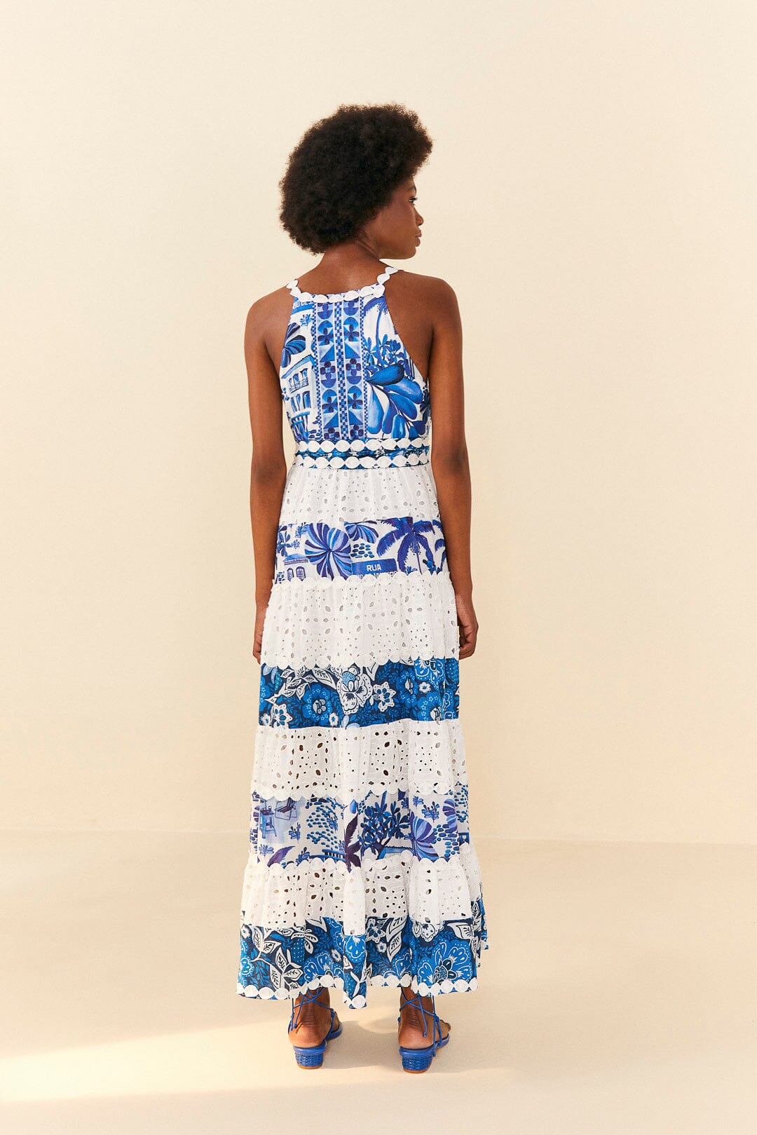 Mixed White And Blue Prints Maxi Dress