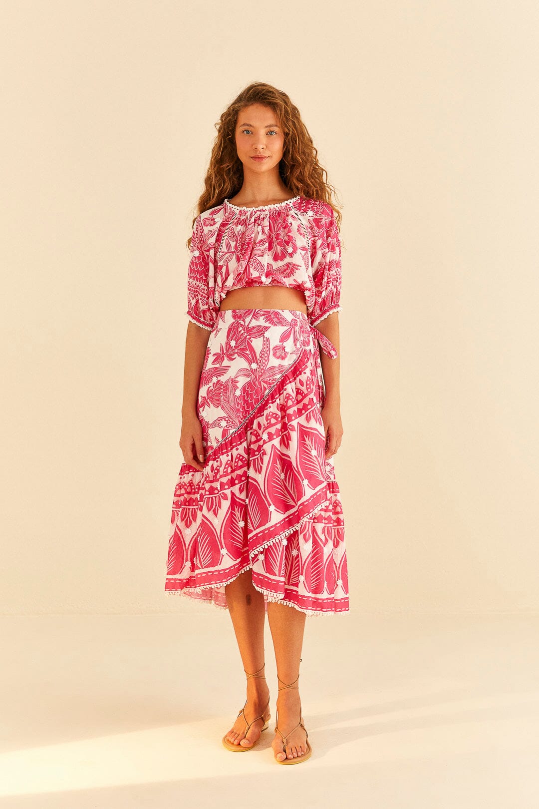 Pink Tropical Woodcut Midi Skirt