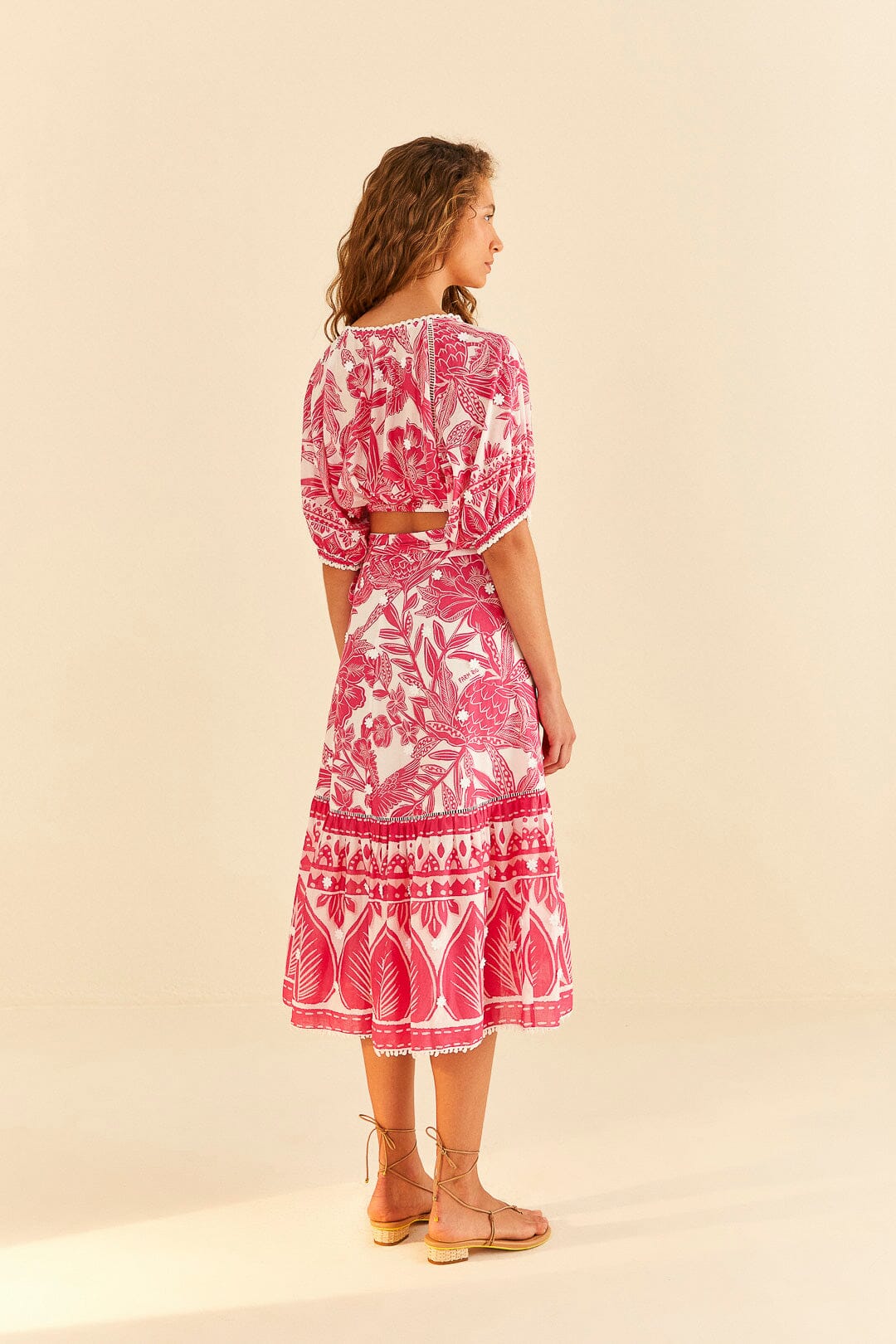 Pink Tropical Woodcut Midi Skirt