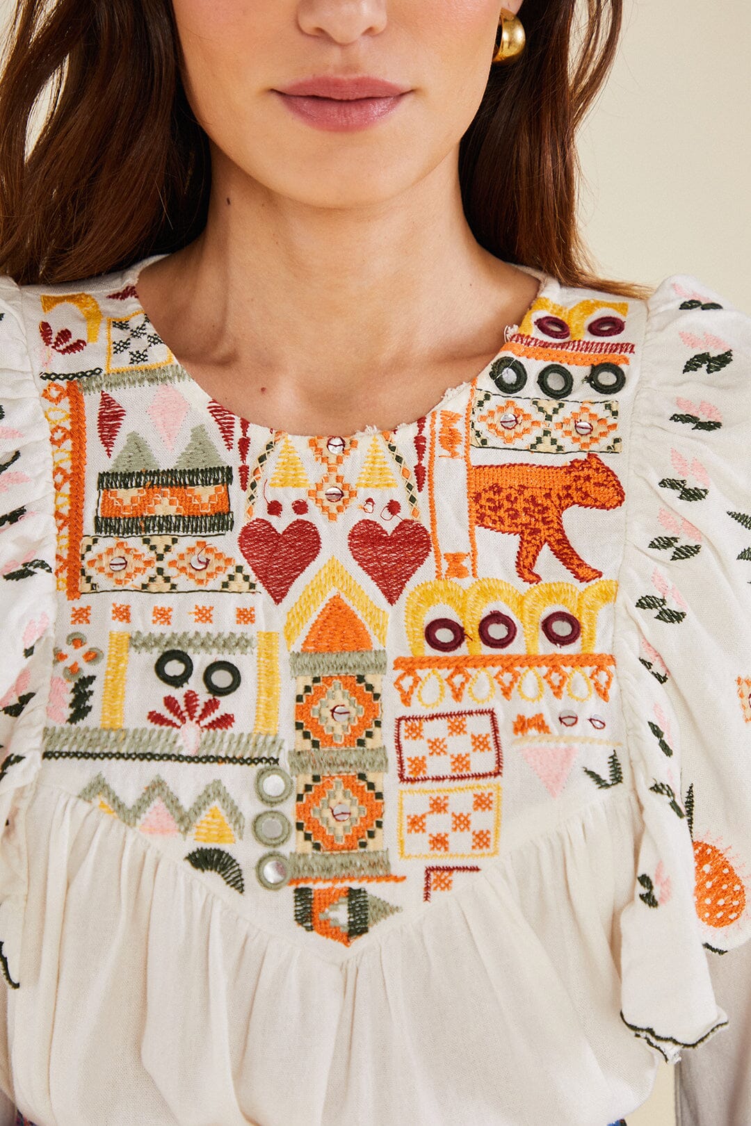 White Embroidered Fall Leaf Blouse