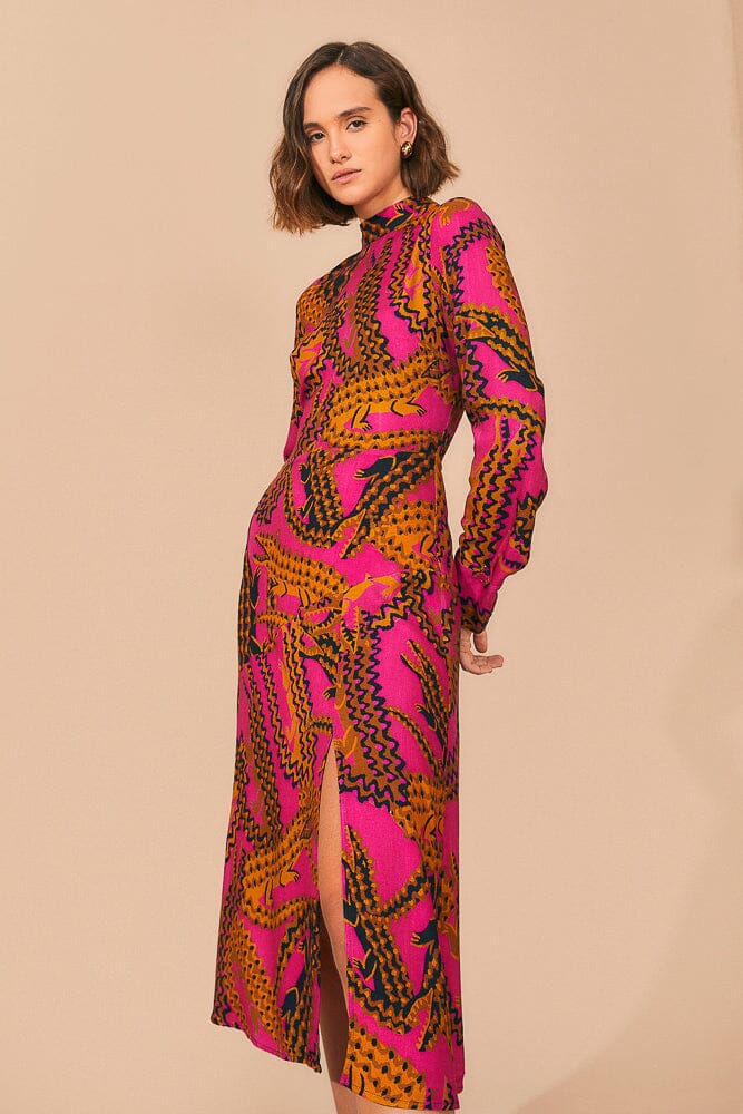 Pink Croco Lenzing™ Ecovero™ Viscose Slit Midi Dress