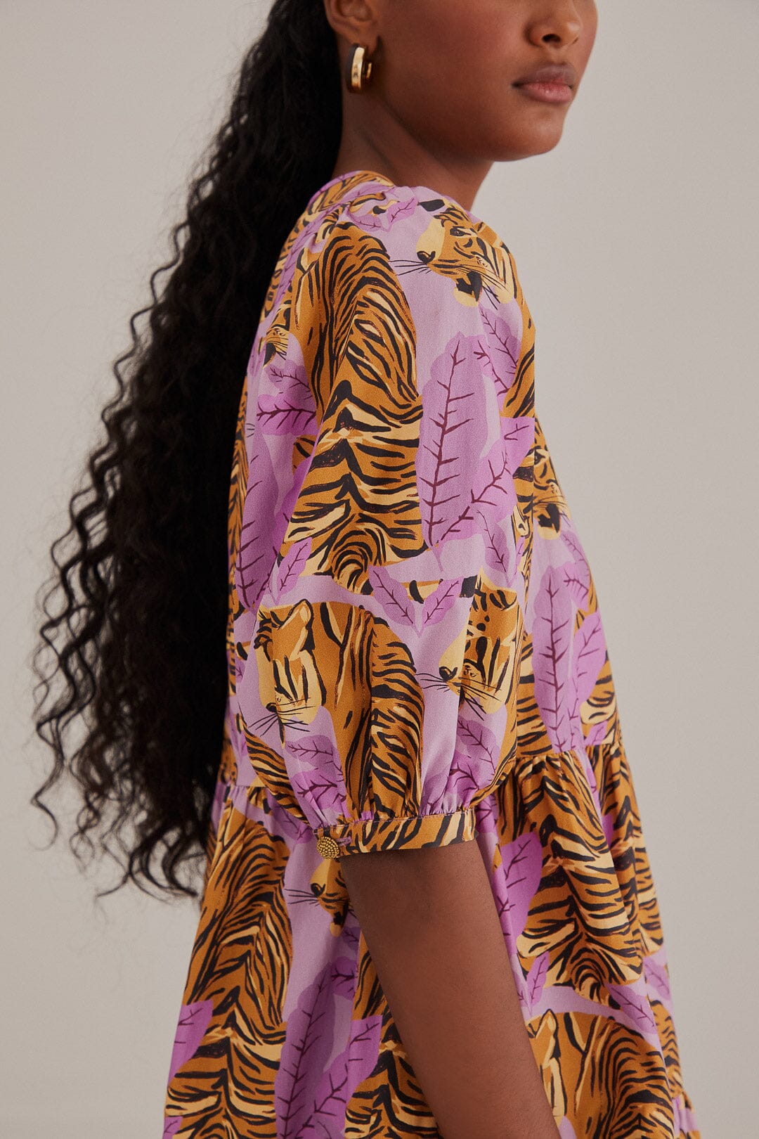 Lavender Tiger Leaves Puff Sleeve Mini Dress