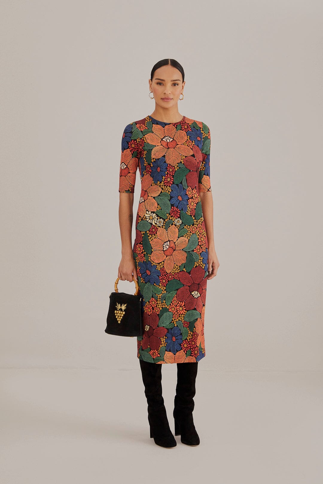 Black Stitched Flowers Lenzing™ Ecovero™ Viscose Midi Dress