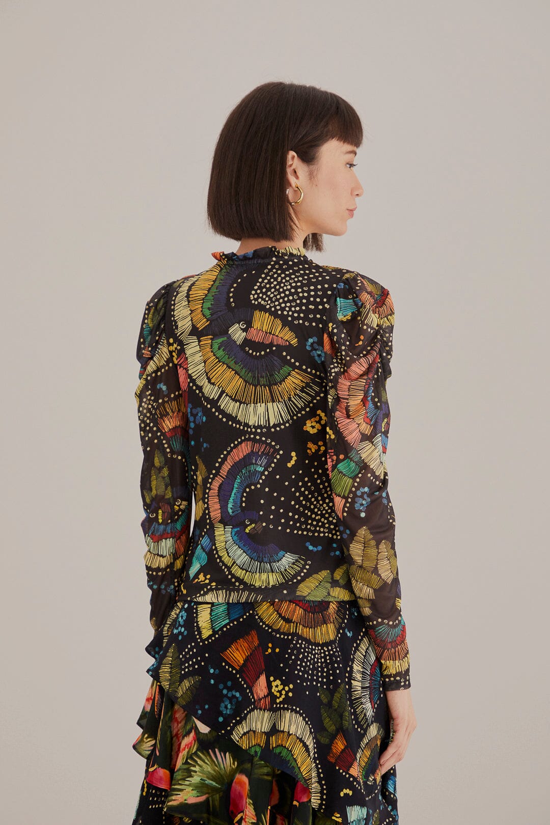 Black Colorful Birds Tulle Blouse