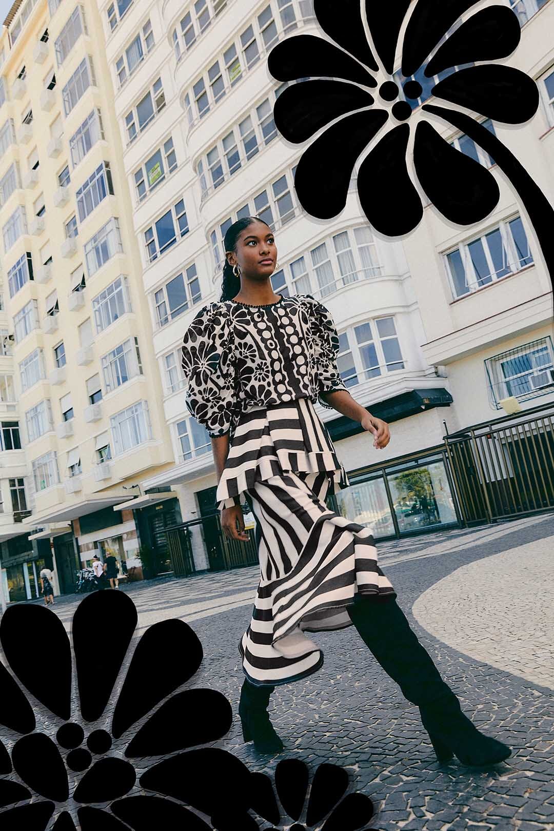 Black Mixed Stripes Midi Skirt – FARM Rio