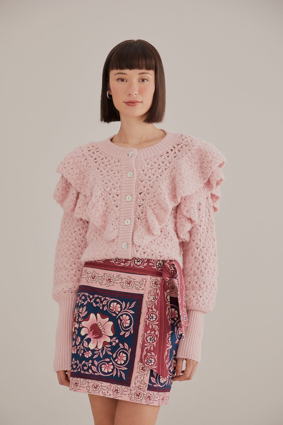 Pink Flower Texture Knit Cardigan