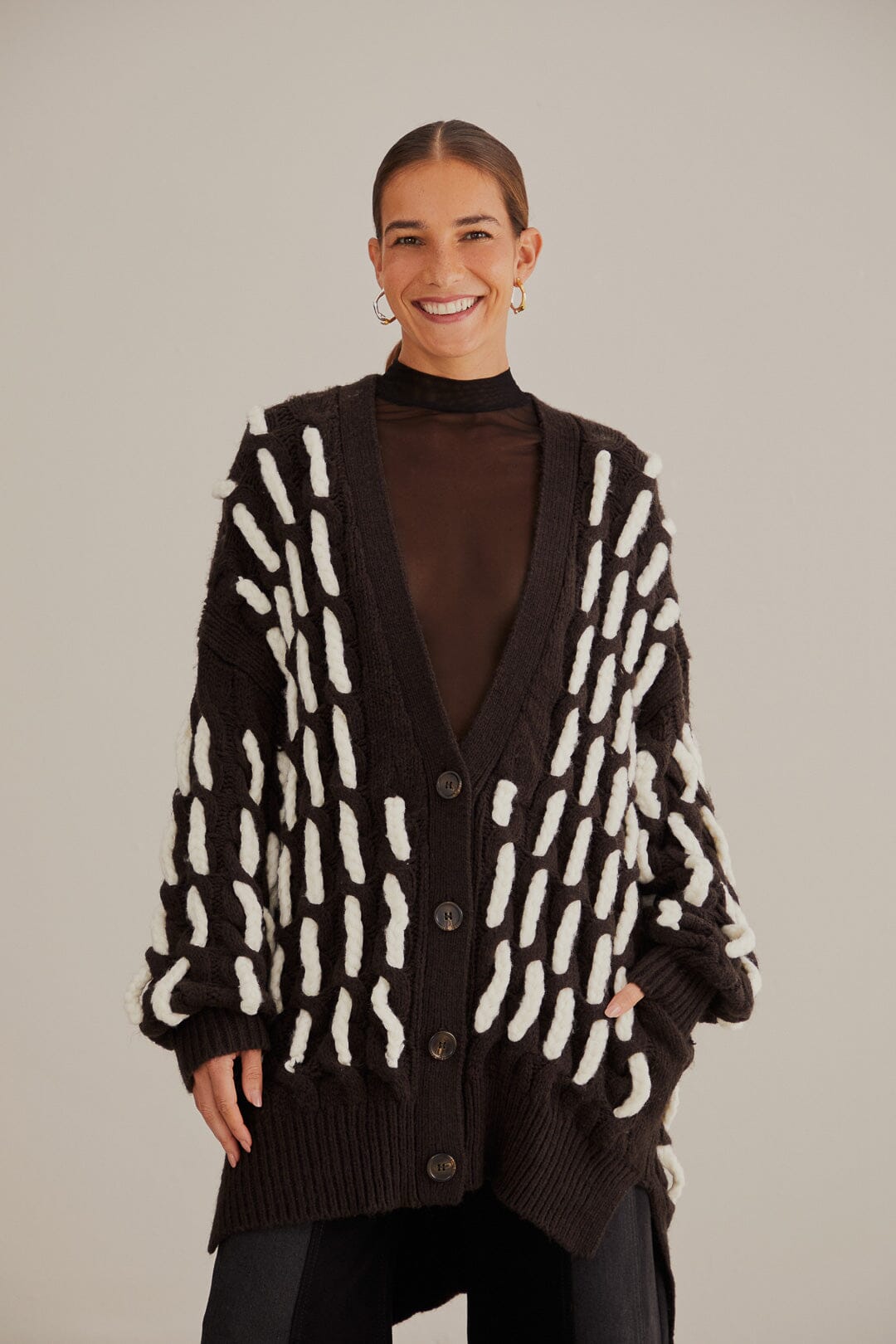 Black And White Textured Knit Cardigan