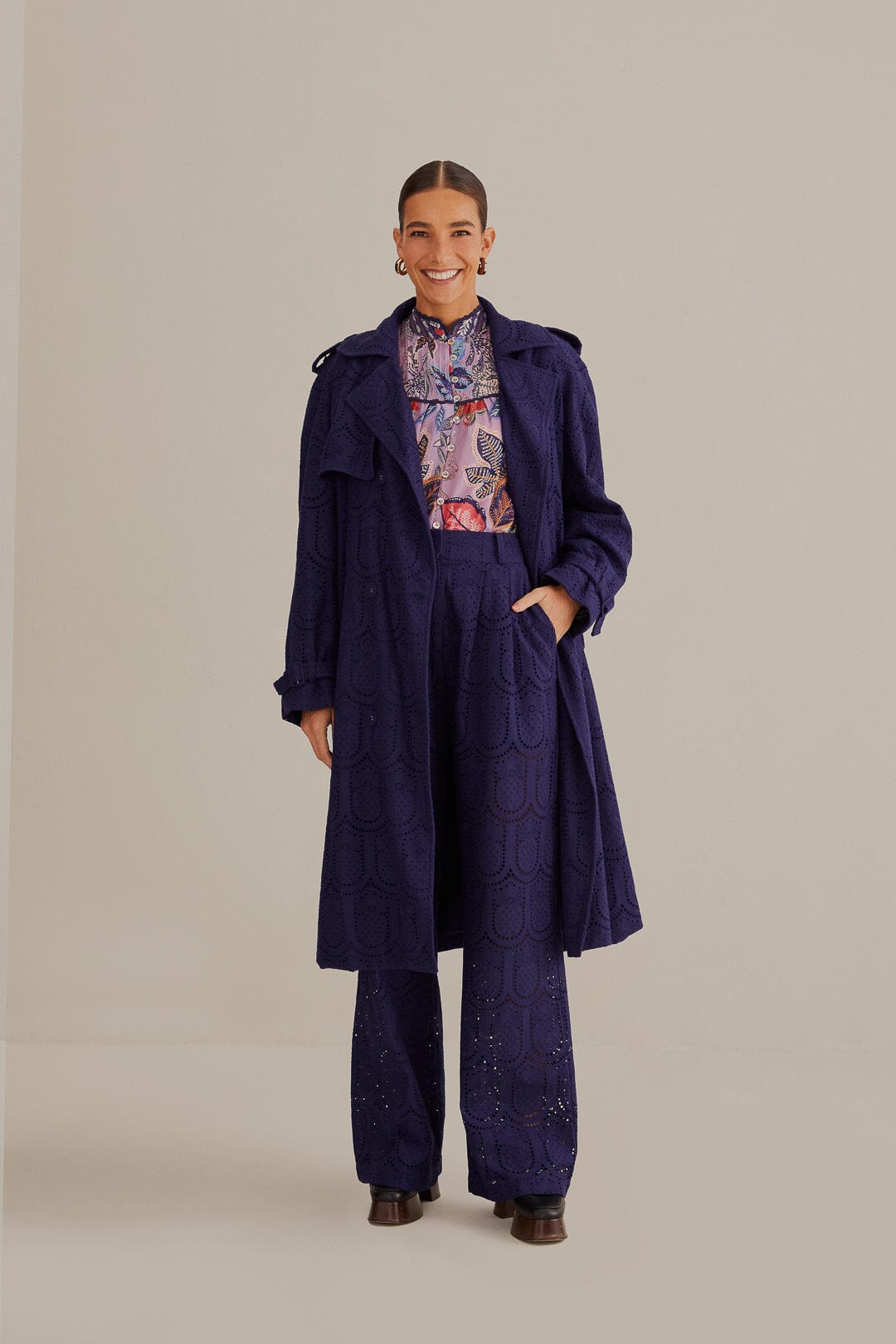 Navy Blue Pineapple Cotton Eyelet Trench Coat